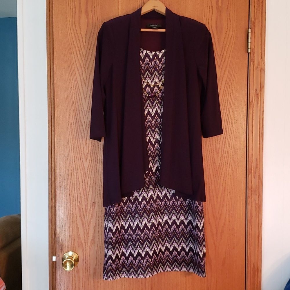 EUC R&M Richards Purple Chevron Dress with Attached Jacket Gold Metallic Thread